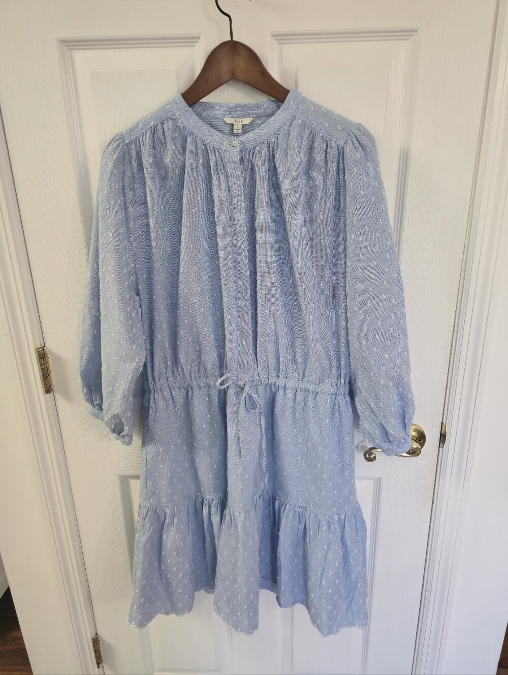 Joie Adel Swiss Dot Shirt Dress Light Blue Tier Ruffle Hem Belted Size XL